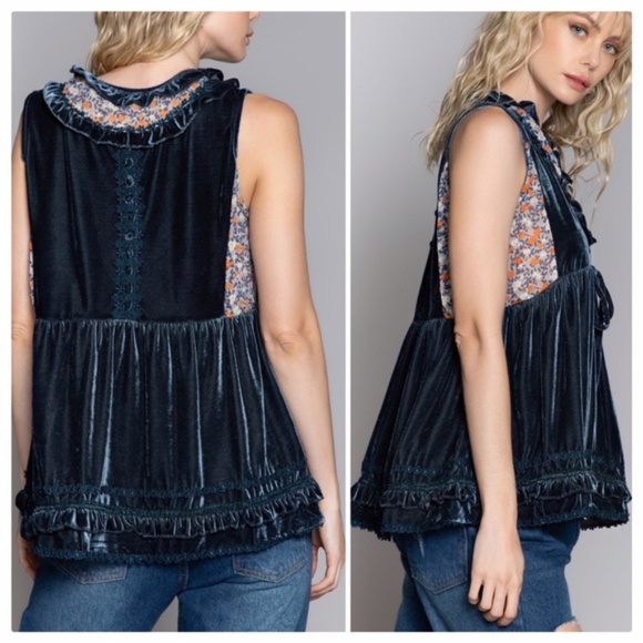 POL Midnight Blue Velvet Babydoll Top - Picture 3 of 8